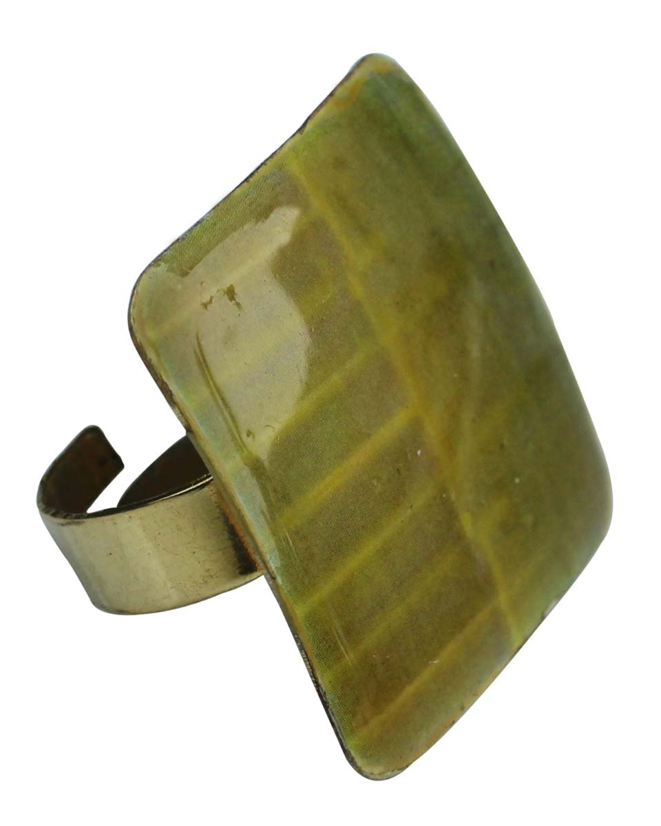 Square Brass Statement Ring - Resizable - Olive-Green - Women Accessories / Gifts for Her - Buy in Bulk Wholesale
